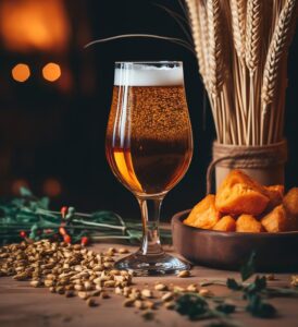 photo of a pint of beer with wheat and greenery