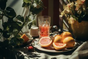 photo of glass of grapefruit juice and grapefruit wedges with greenery