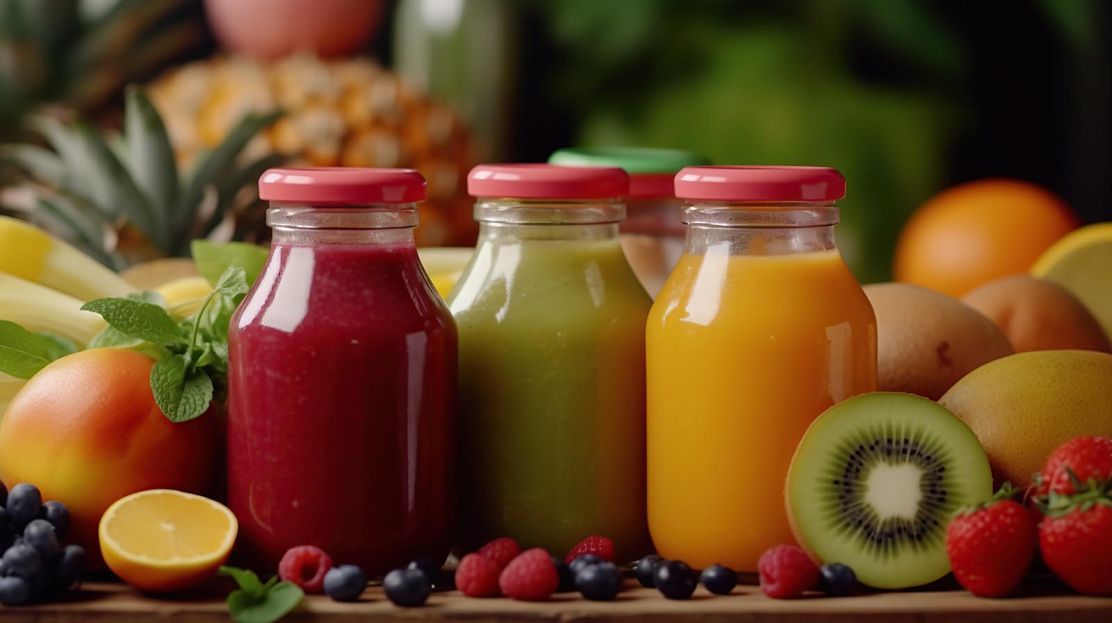 Fresh fruit and vegetable smoothies or juice in bottles with var | Puree Arete