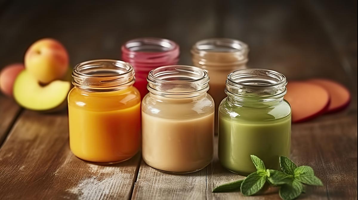Jars with different baby food on wooden table AI Generative | Puree Arete photo of fresh fruit puree