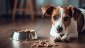 healthy dog enjoying dog food