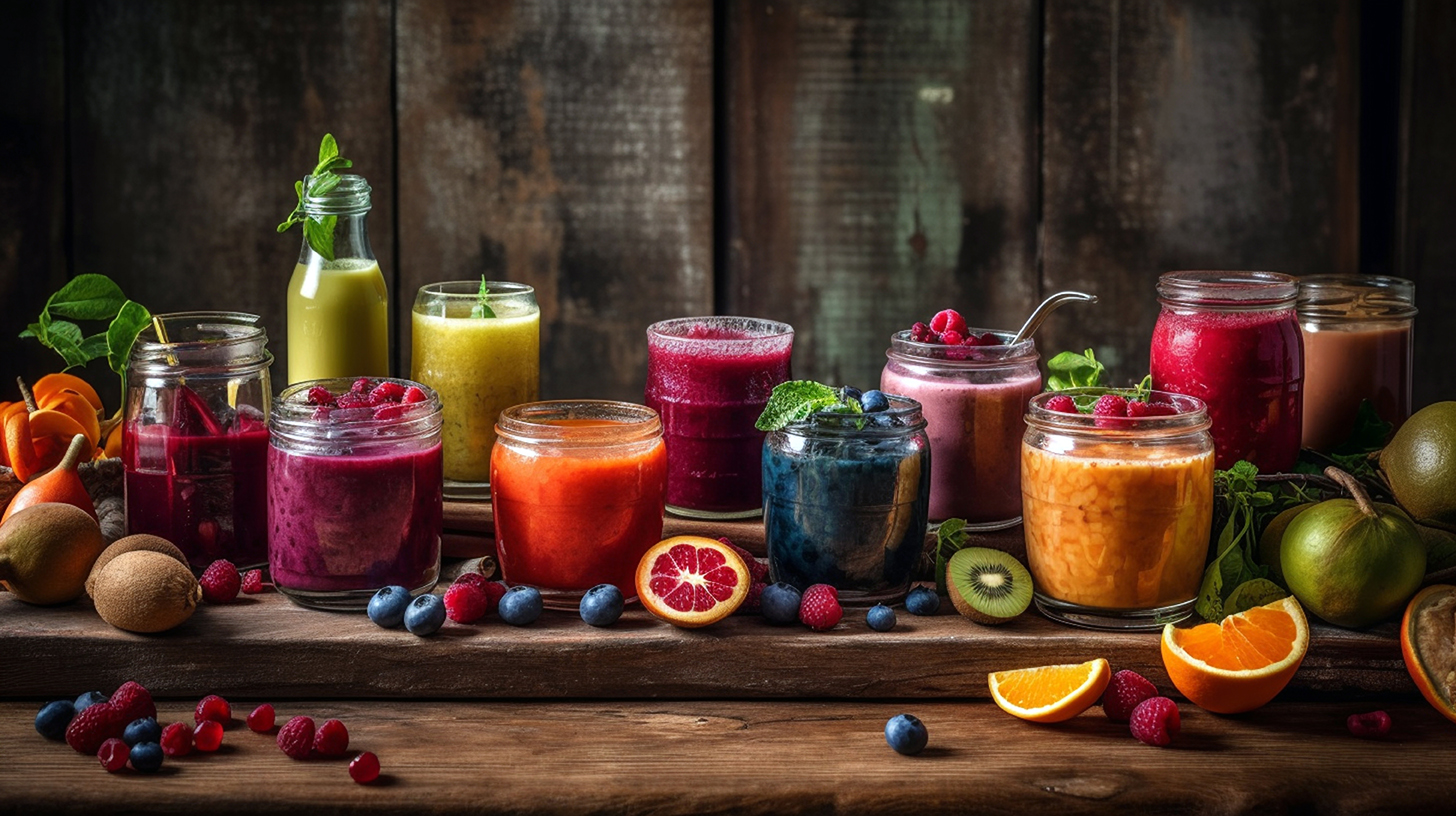Glasses with fresh vegetable juices Detox diet Generative AI | Puree Arete photo of healthy fruit juices made from all natural fruit puree