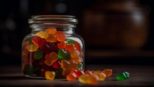 photo of delicious gummies with fruit puree in a jar