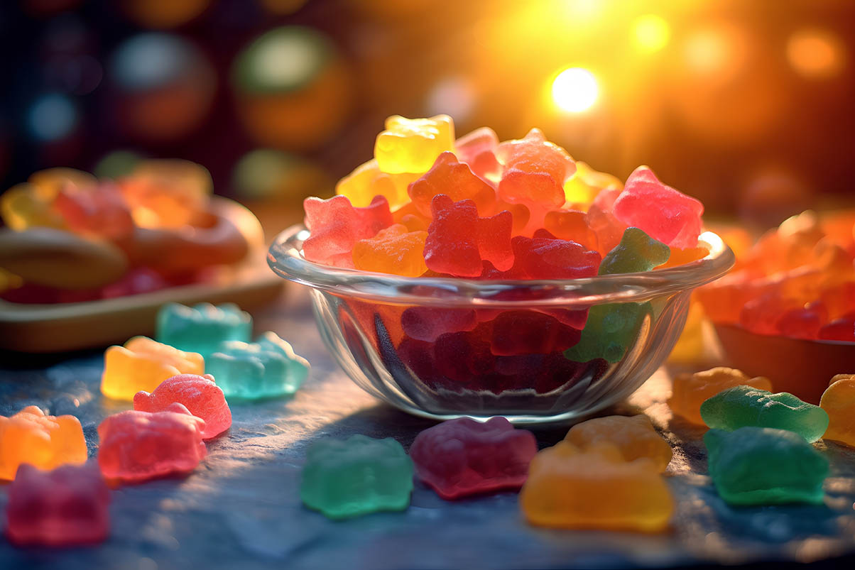 Colorful candies in a glass bowl on a dark background | Puree Arete photo of gummies made with real fruit puree