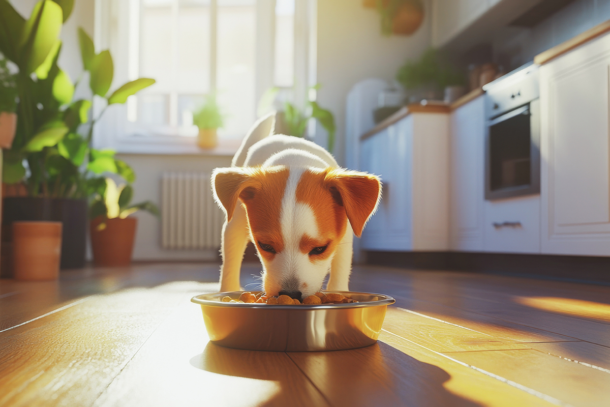 Small brown and white Jack Russell Terrier dog eating from a metal bowl in a bright kitchen with plants and sunlight streaming in | Puree Arete great dog food photo
