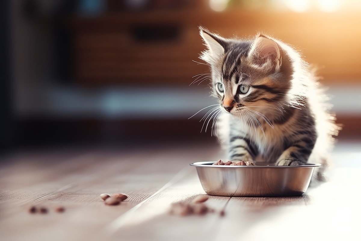 Hungry kitty cats mealtime on the floor | Puree Arete healthy food for cats photo