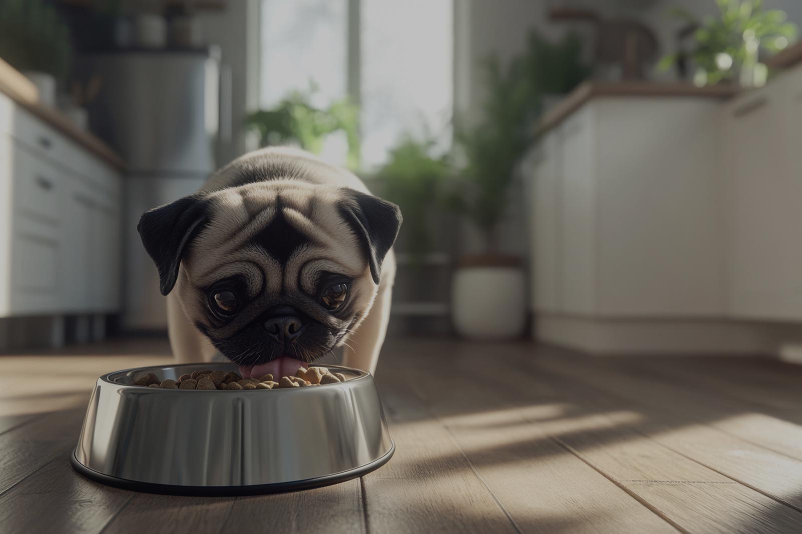 A small fawn pug dog is eating from a stainless steel bowl in a bright kitchen The room features wooden floors and green plants in the background | Puree Arete photo of dog enjoying nutritious pet food