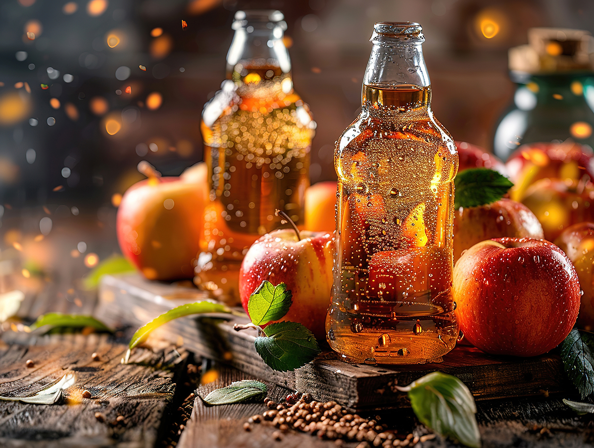 Hard Apple Cider Ale Ready to Drink Delicious cider photography explosion flavors studio lighting studio background well-lit vibrant colors sharp-focus high-quality artistic unique | Puree Arete Photo of Hard Apple cider surrounded by fresh apples