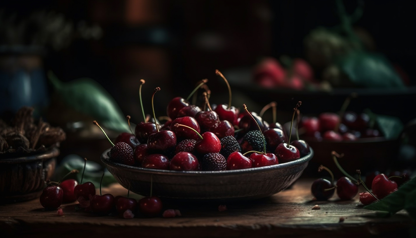 Rustic table displays large bowl of juicy organic berry fruit | Puree Arete Photo of Dark Sweet cherry puree