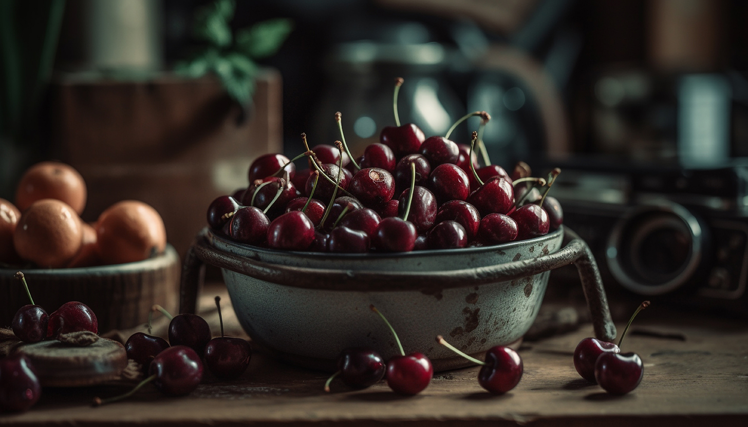 Rustic table displays abundance of juicy ripe berry fruit bowl | Puree Arete Photo of Dark Sweet cherry puree