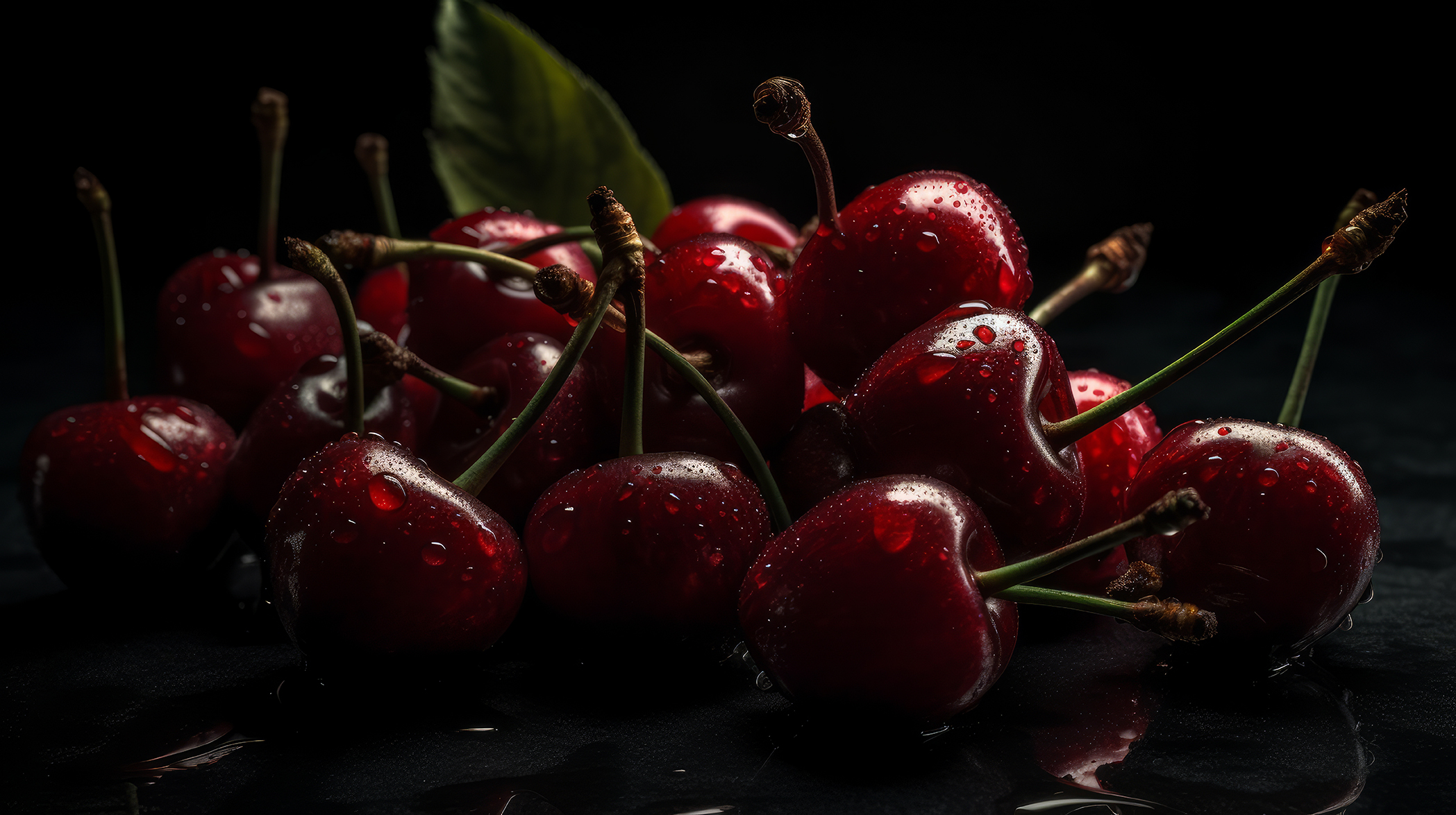 Fresh juicy cherry isolated on a black background | Puree Arete Photo of Dark Sweet cherry puree