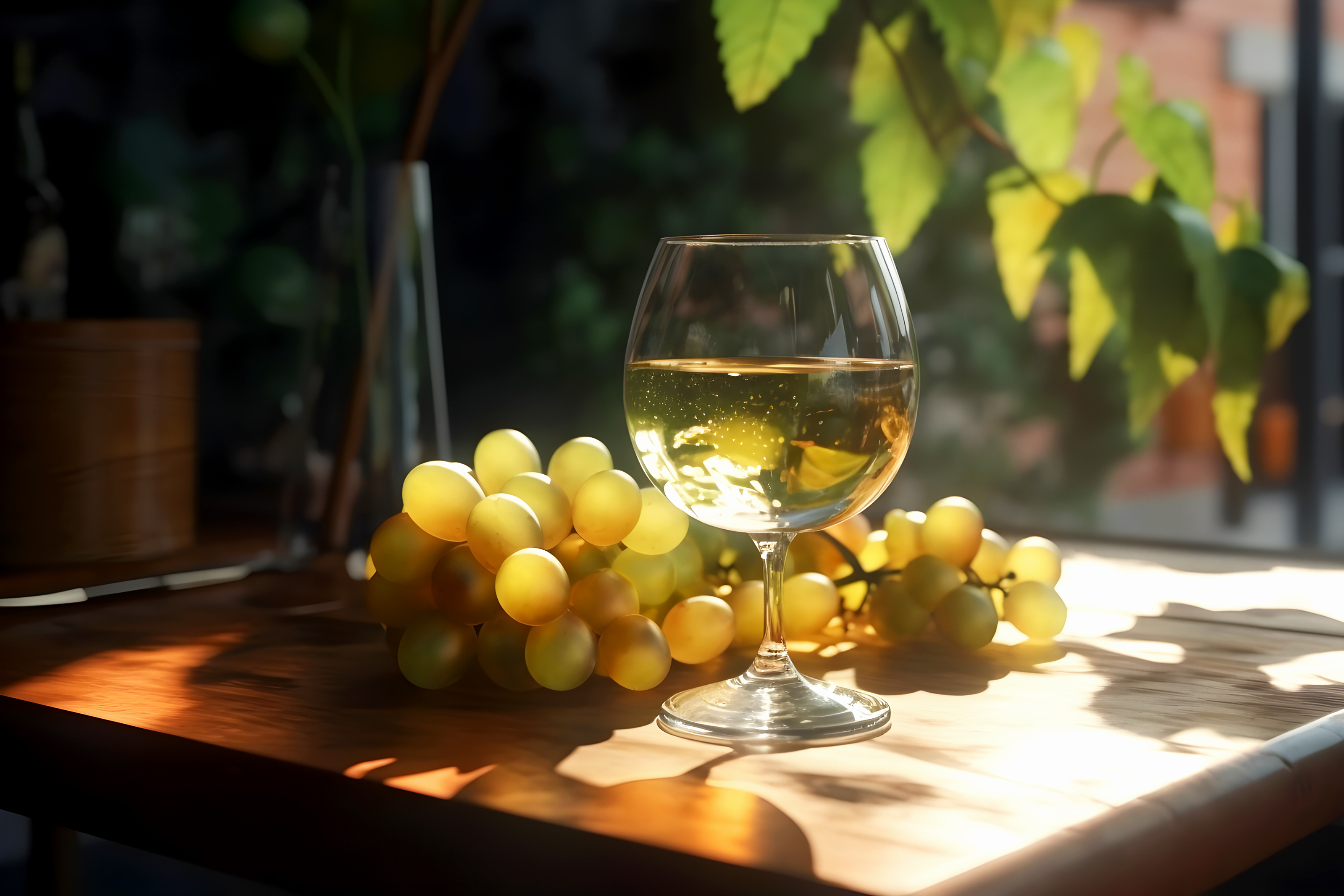 Glass of white wine and bunch of ripe grapes in sunlight | Puree Arete White wine grape puree photo