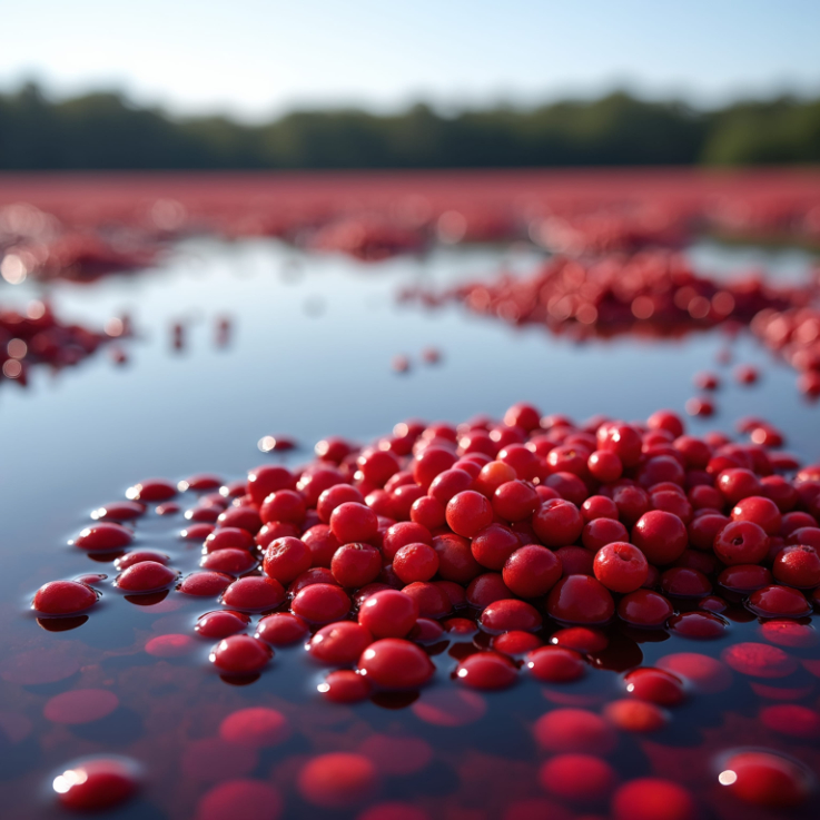 Vibrant cranberries float in flooded bog under clear sky | Puree Arete photo of cranberry bog