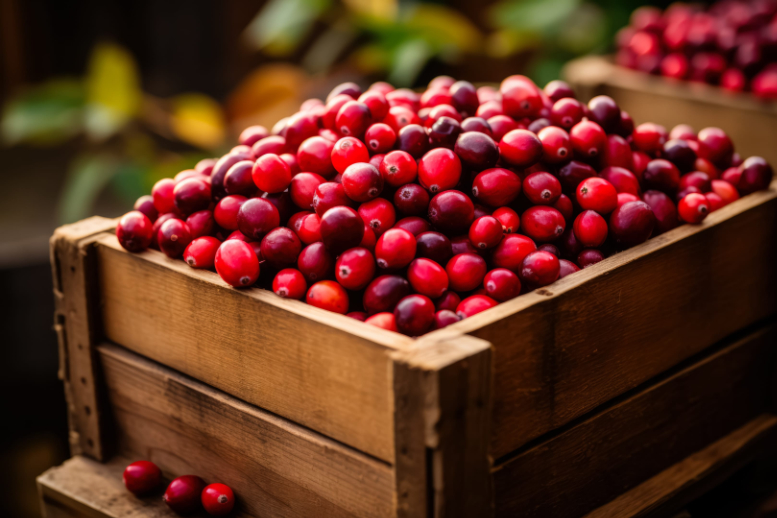 Cranberries in a wooden box on a background of autumn leaves | Puree Arete photo of fresh picked Massachusetts cranberries