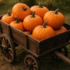 Group of bright orange pumpkins piled in a rustic wooden wagon, ready for harvest. [informative] (Autumn scene)