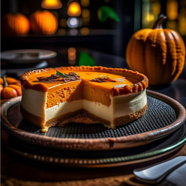 Pumpkin Cheesecake on a black plate with pumpkins in the background | Puree Arete Photo of delicious pumkin cheesecake made with puree arete pumpkin puree
