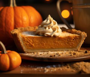 Slice of pumpkin pie with whipped cream on a plate, surrounded by small pumpkins and a cozy autumn backdrop
