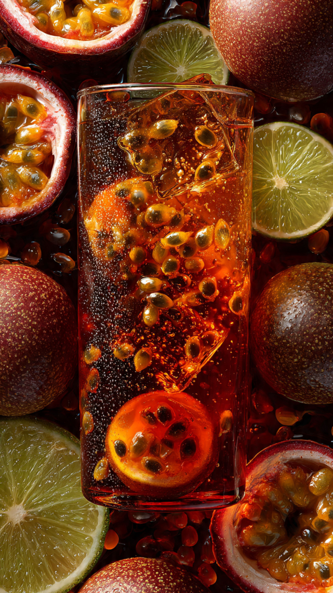 Glass of red passion-fruit cocktail with ice and seeds, surrounded by halved passion fruits and lime slices,