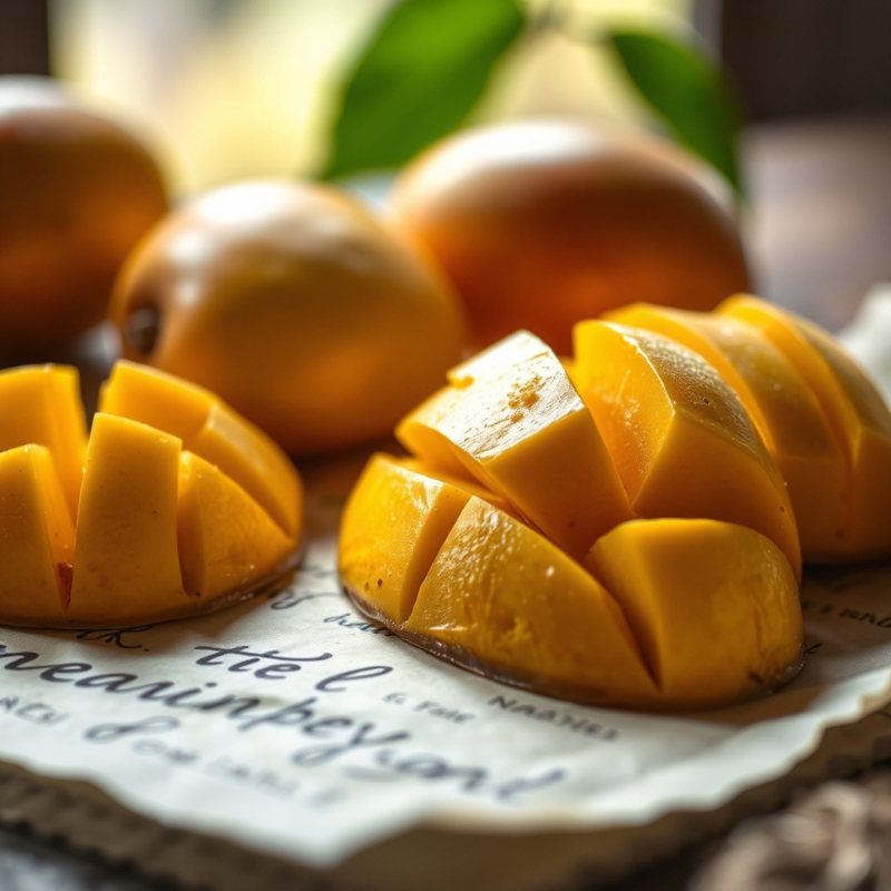 Fresh mango slices on a wooden background