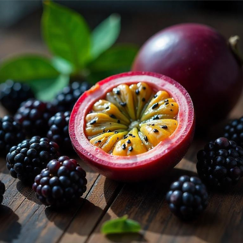 Halved passion fruit with bright orange pulp and black seeds on a wooden surface, surrounded by blackberries.