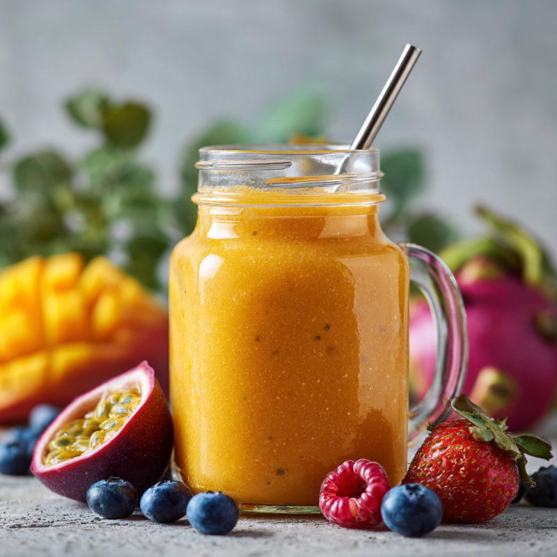 Orange smoothie in a mason jar with a metal straw, surrounded by blueberries, raspberries, strawberry, passion fruit, and mango slices on a rustic surface.