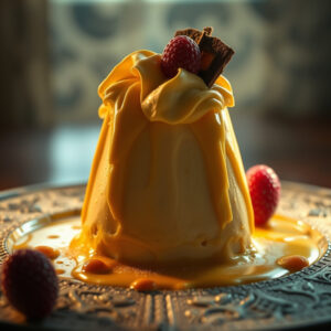 Creamy caramel-drizzled pudding topped with a raspberry and chocolate shard on an ornate plate; caramel pools around the base.