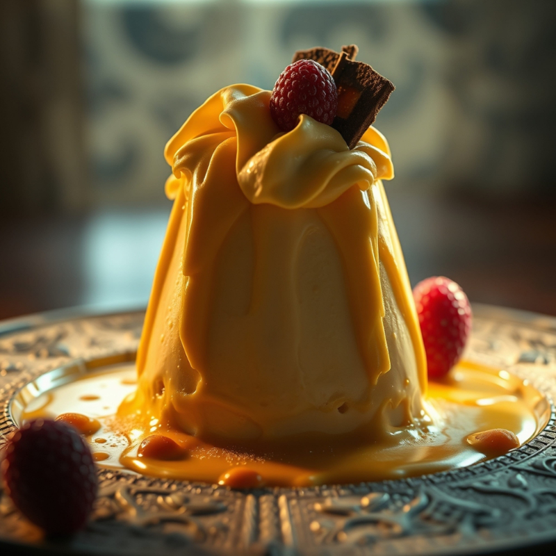 Creamy caramel-drizzled pudding topped with a raspberry and chocolate shard on an ornate plate; caramel pools around the base.