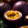 Passion fruits on a table with water droplets