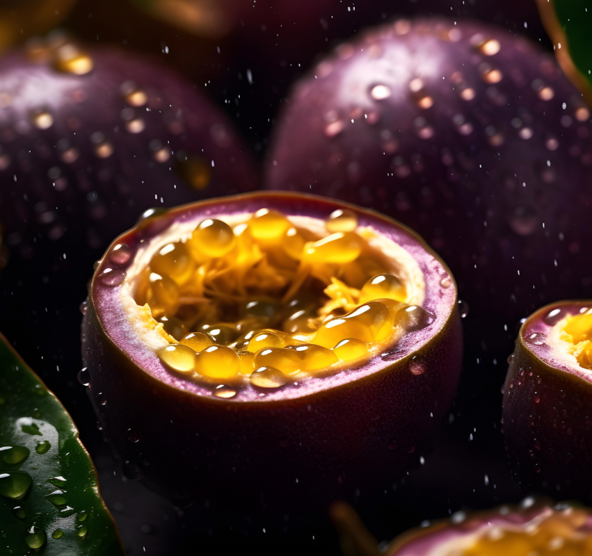 Passion fruits on a table with water droplets