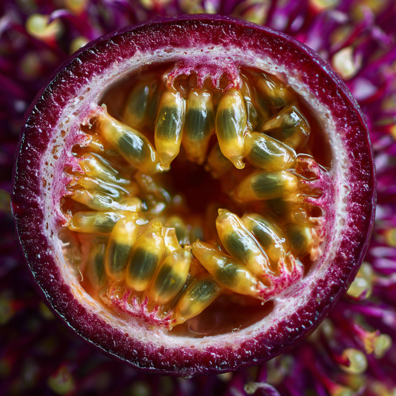 Cross-section of a ripe passion fruit showing yellow-green seeds in orange pulp inside a purple rind.