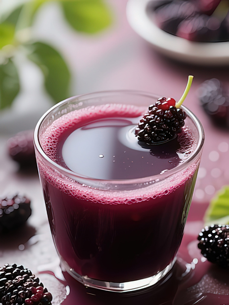 Mulberry smoothie in a glass with fresh blackberries and mint leaves | Puree Arete Deep purple blackberry juice in a glass topped with a single blackberry garnish.