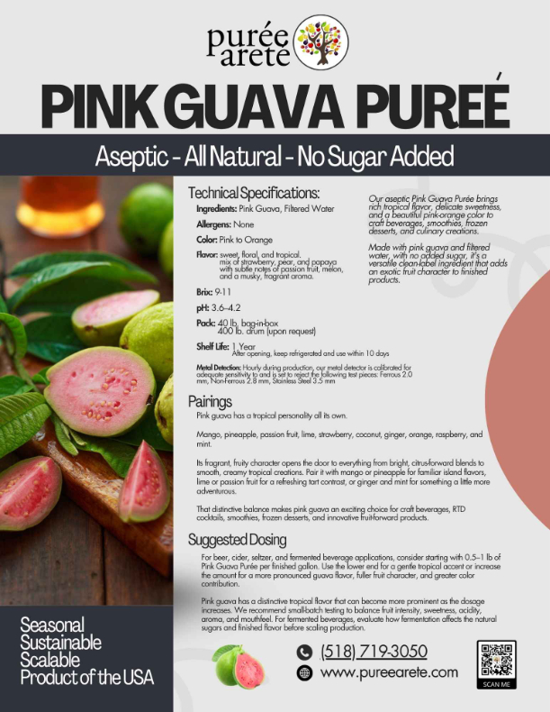 Product Spec Sheet Pink Guava - 1 | Purée Arêté Link to PDF Download Sec Sheet for Pink Guava Pureé by Purée Arete; features product name, the tagline'Aseptic - All Natural - No Sugar Added,' and a technical specifications panel.