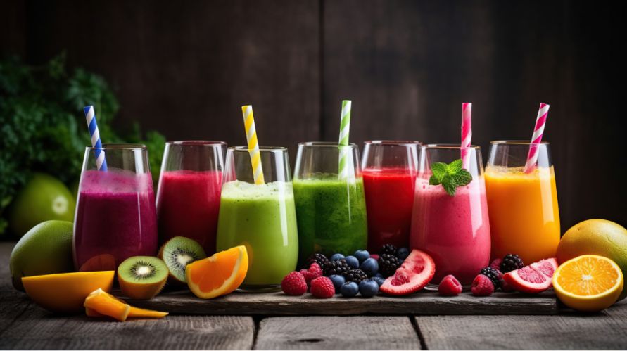 Selection of colorful smoothies and ingredients on rustic table