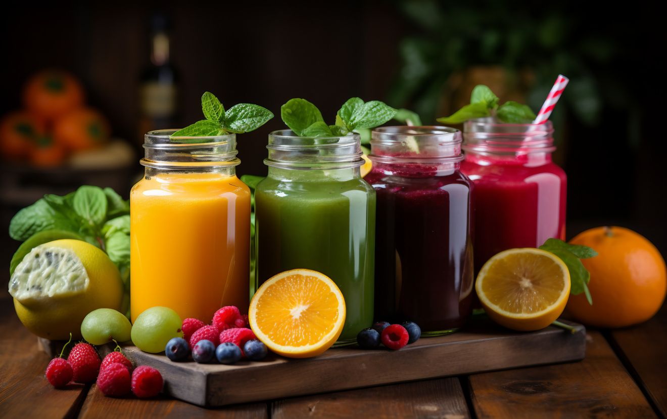 Tropical smoothies in glass bottles made with fruit purée