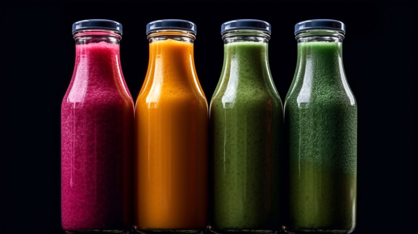 Fresh fruit smoothies in glass bottles on display