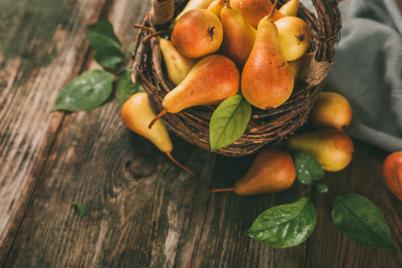 Healthy organic pears in the basket with copy space Toned image | Purée Arêté A rustic basket brimming with ripe pears sits elegantly on a weathered wooden table, surrounded by fresh leaves, evoking the warmth of a harvest celebration.