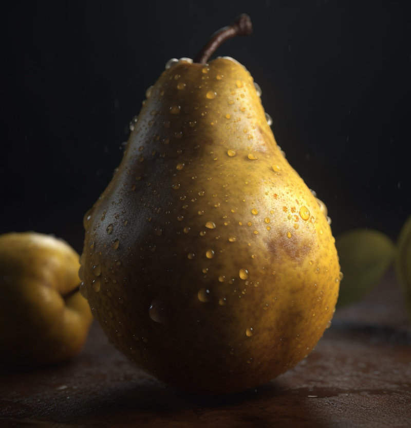 magnificent pear | Purée Arêté Close-up of a ripe pear with droplets of water on its yellow-brown skin against a dark background.