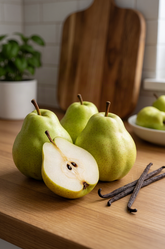 pear and vanilla | Purée Arêté Fresh Bartlett pears in a rustic kitchen with vanilla