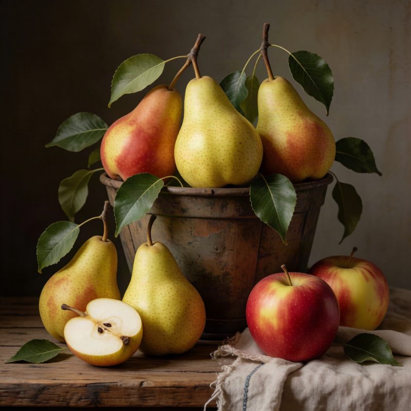 pears and apples | Purée Arêté Rustic still life of yellow pears in a clay pot with a few red apples on a wooden table, leaves tucked in among the fruit.