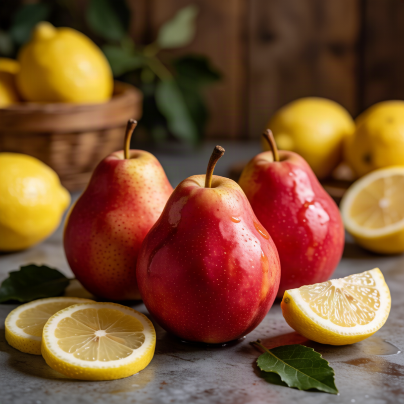 pears and lemons | Purée Arêté Three red pears with lemon slices on a wooden surface and a basket of lemons in the background.