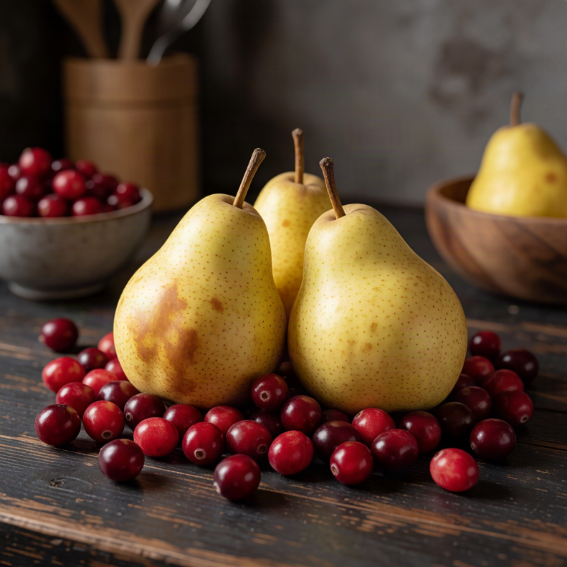 prsr and cranberry | Purée Arêté Fresh pears arranged with red cranberries on a rustic wooden table, a still-life harvest scene.